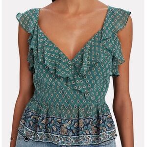 Veronica Beard 100% Silk Randa Ruffled V-Neck Floral Peplum Top - Seaglass